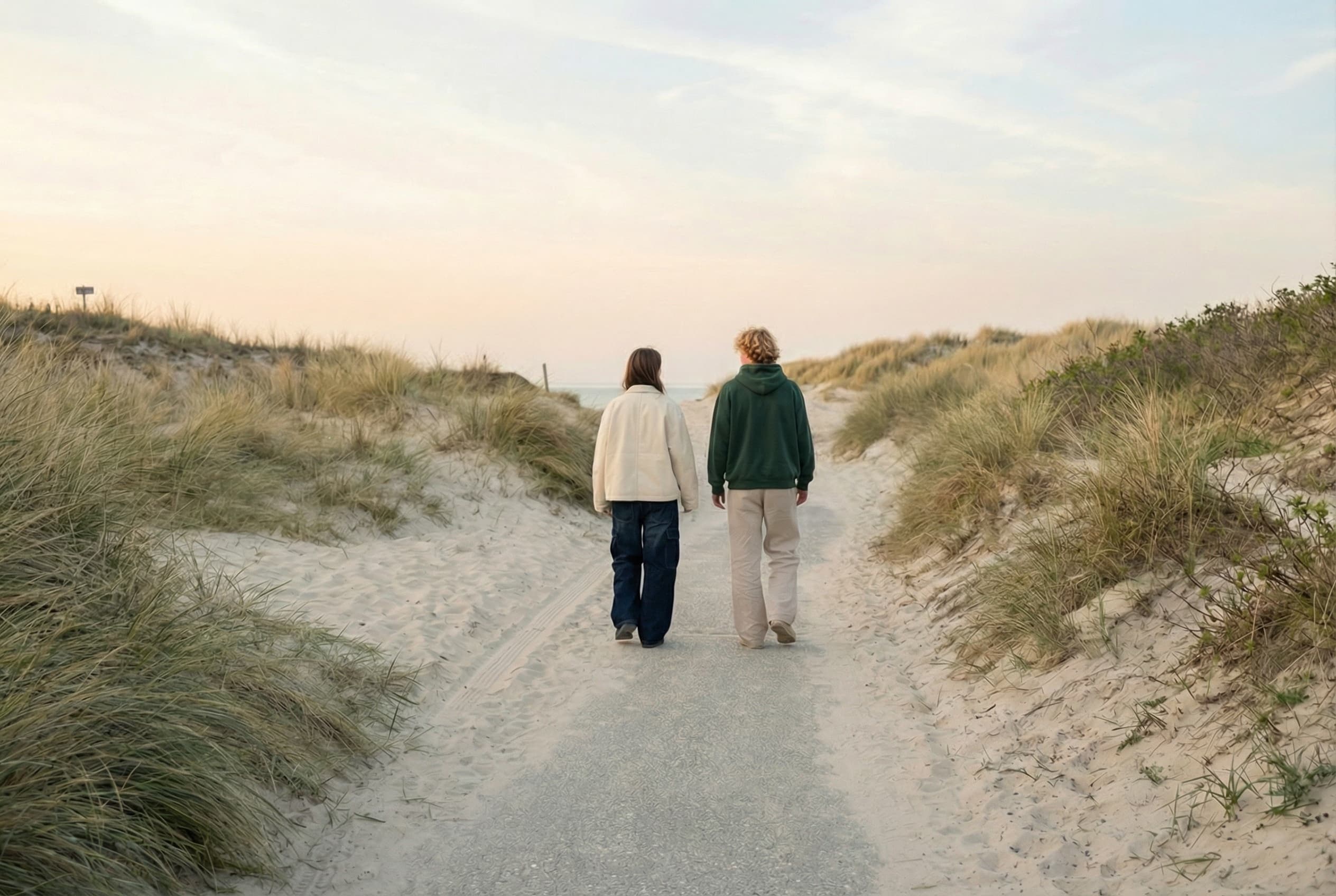 To personer går sammen på en sti i klitterne